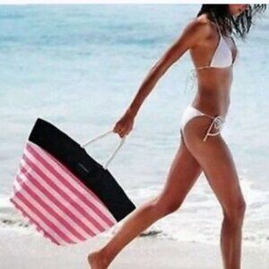 Victoria’s Secret Neon PINK Striped Canvas Beach Tote Bag